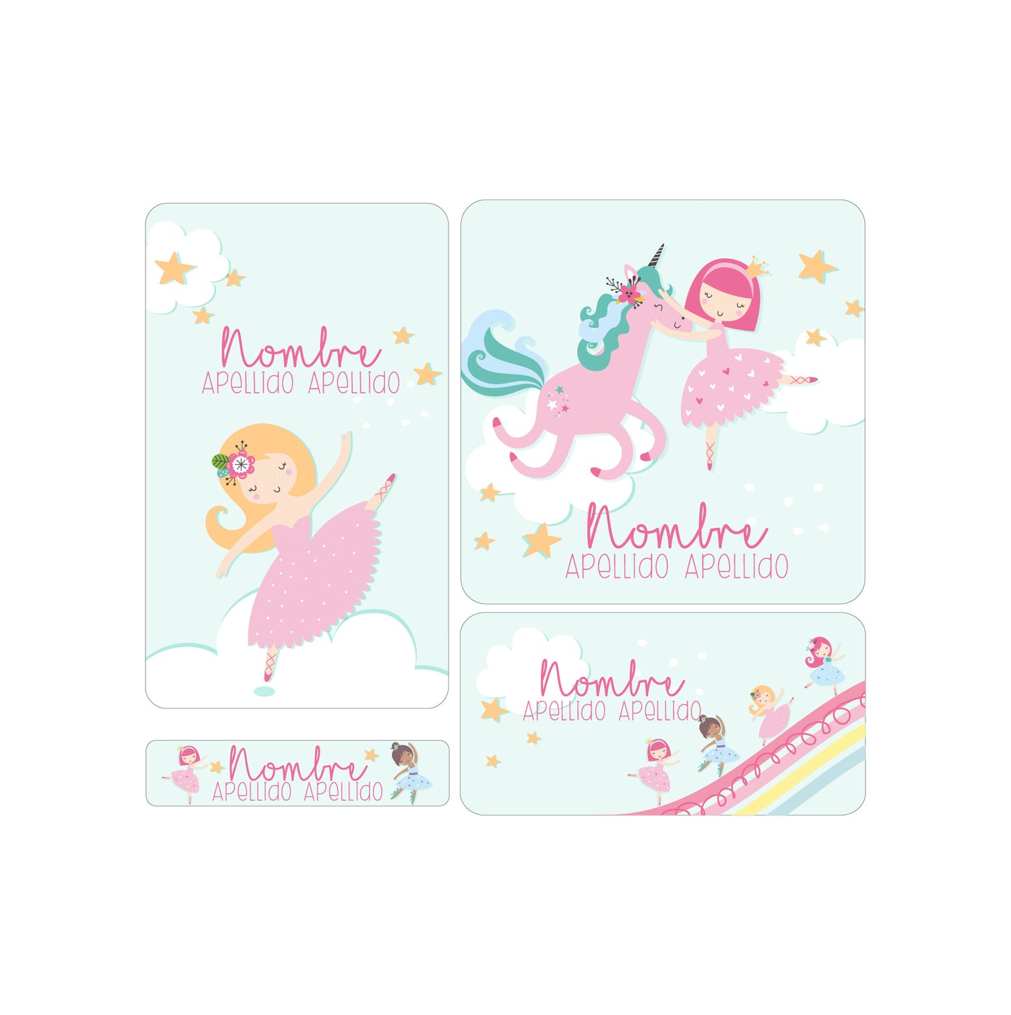 etiquetas escolares, ballet, bailarinas, unicornio, arcoiris