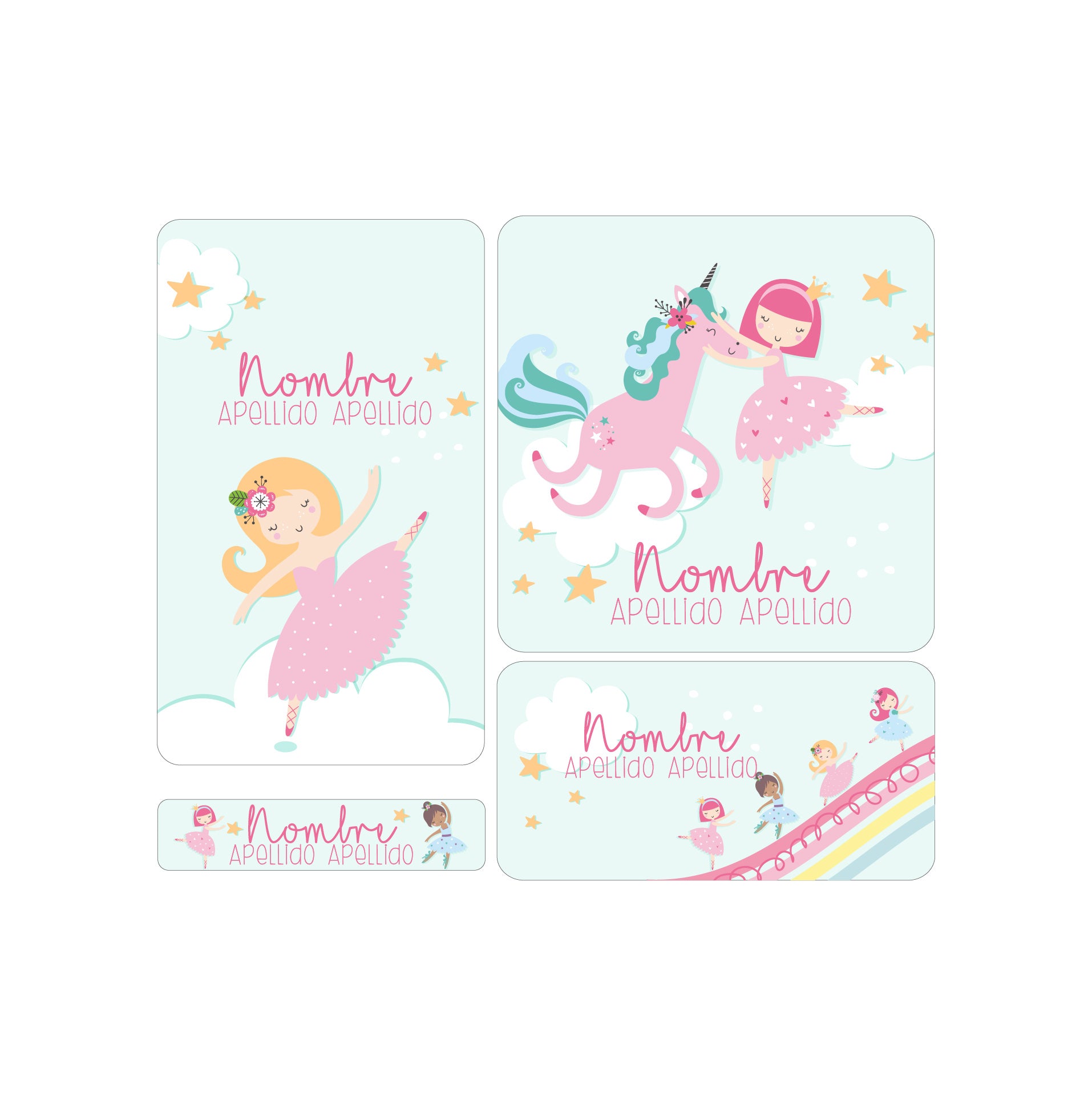 etiquetas escolares, ballet, bailarinas, unicornio, arcoiris