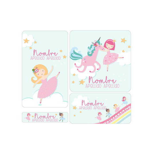 etiquetas escolares, ballet, bailarinas, unicornio, arcoiris